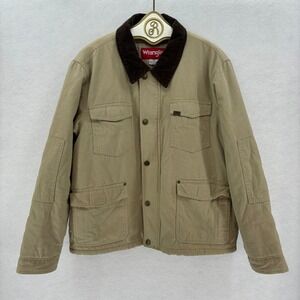 Wrangler Sherpa Lined Barn Jacket Men LARGE Khaki Canvas Chore Coat Corduroy